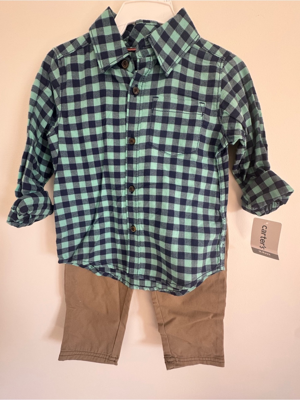 NWT Carter's Boys Mint & Navy Plaid Button-Down Shirt & Khaki Pants
